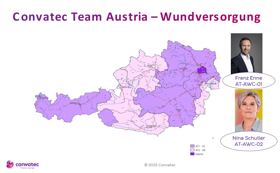 Landkarte von Österreich mit Übersicht für welche Regionen die AWC Ansprechpartner Franz Enne und Nicole Schuller zuständig sind
